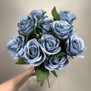Dusty Blue Roses Artificial Flower Heads With Stem Light Blue Wedding ...