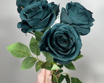 Dark Teal Rose Peacock Green Flower with Long Stems Flower Artificial Flower Dark Green Rose Wedding DIY Emerald Green Flower Head Teal