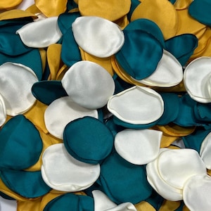 Pétalos de color verde azulado, decoración de boda en color marfil, pétalos de niña de las flores, decoración de pasillo de boda en color verde azulado oscuro, pétalos de flores, decoración de ceremonia en color verde azulado y dorado, confeti blanco