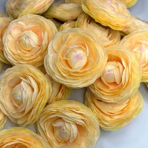 May include: A cluster of pale yellow artificial ranunculus flowers. Each flower features multiple layers of delicate petals, with a touch of pink at the core. The soft colour palette suggests a floral theme, perfect for crafting or decoration.
