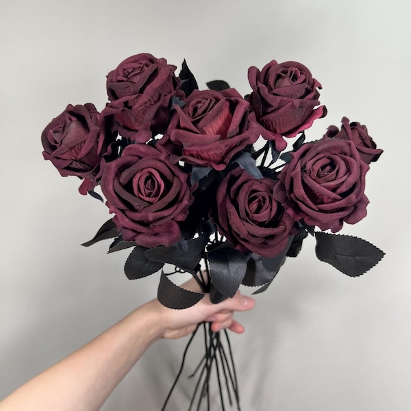 Burgundy Black Roses Artificial Wedding Flower Heads with Stems Dark Burgundy Gotchic Black Roses Wine Red Maroon Craft Supplies DIY Bouquet