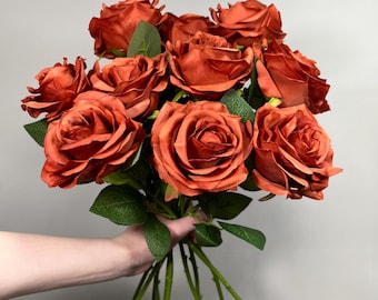 Burnt Orange Roses Wedding Artificial Terracotta Flower Heads with Long Stem Leaves Craft Supplies Bouquet DIY Rust Heads Flower