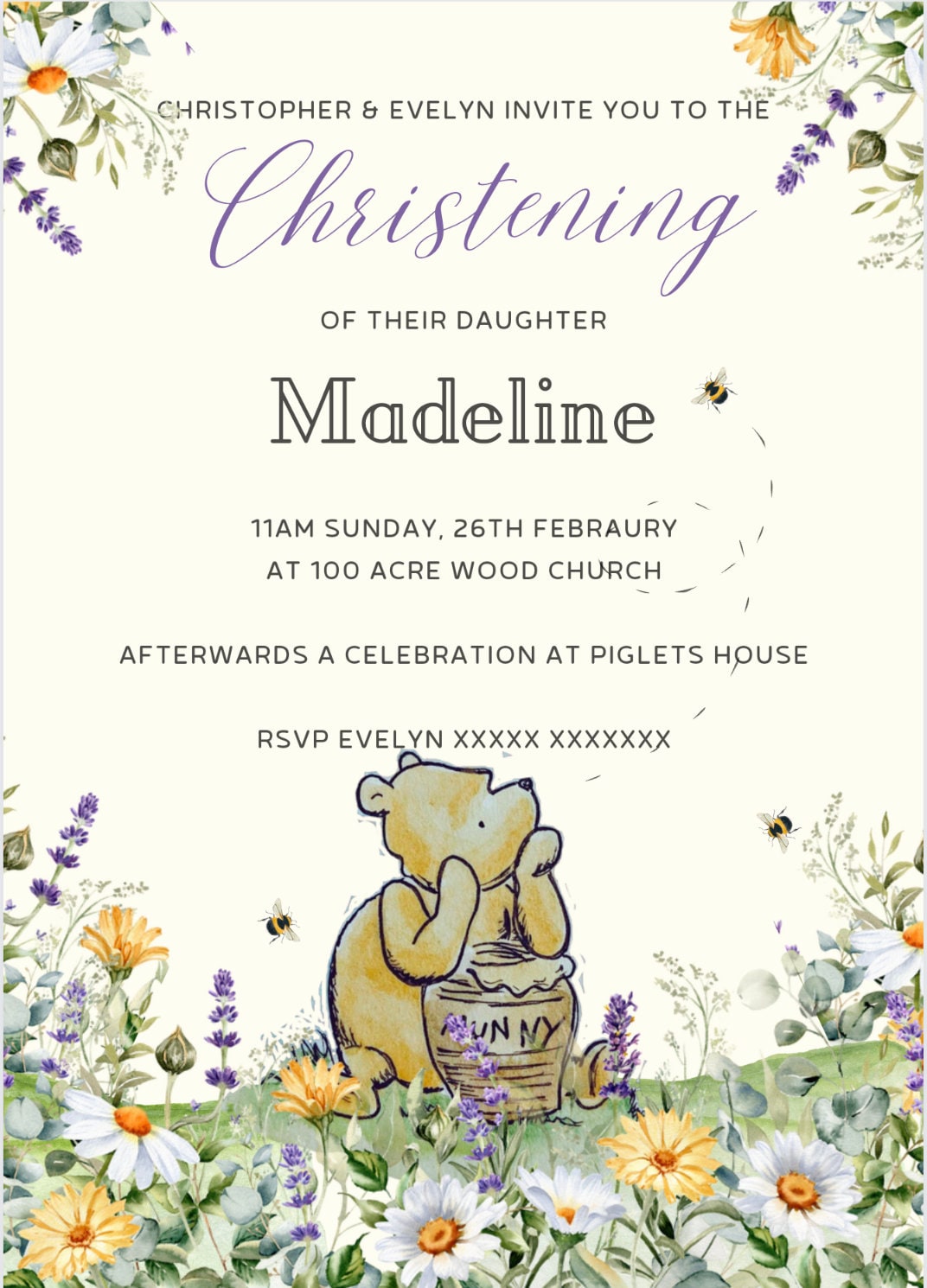 Winnie the Pooh Christening Invitation Etsy