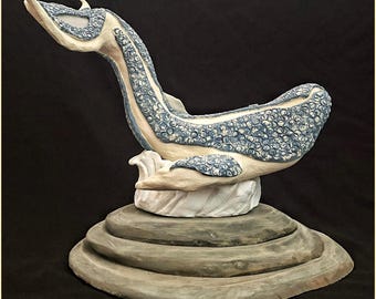 Hand Sculpted Stoneware Whale Sculpture, Coastal Decor