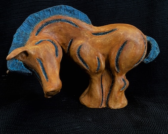 Hand-Built Stoneware Horse Sculpture, Carved Pony Art, Leathery Finish