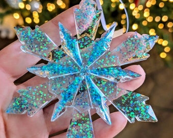 Blue Holographic Glitter Snowflake Ornament, Handcrafted Winter Decor, Unique Wedding, Winter Gift 2024