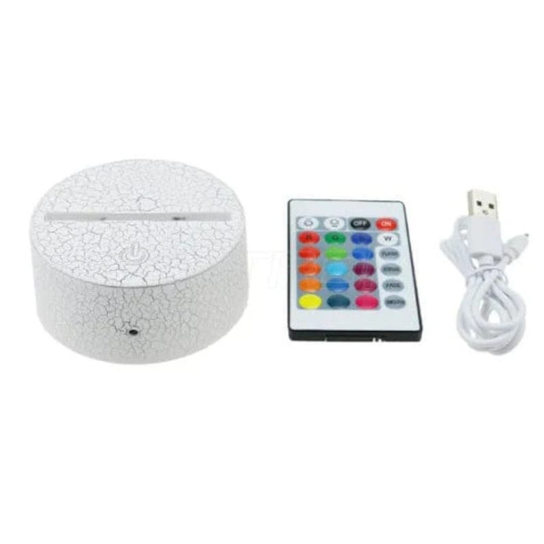 May include: White round LED lamp base with a cracked texture, a remote control with 16 color options, and a USB cable.