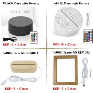 May include: Four different bases for a LED light, with a remote control option. The bases are black, white, wood, and a wood frame. Each base has a slot for a light panel and the text "RGB 16 + Colors" is displayed below each base.