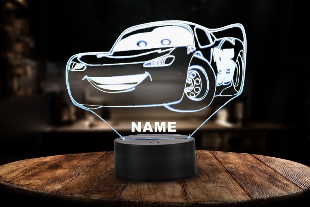 LED-Lampe mit Rennwagen, personalisierter Name, dimmbares USB