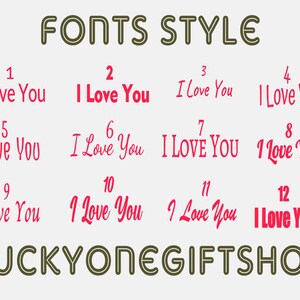 May include: A graphic showing 12 different font styles for the phrase "I Love You". The graphic also includes the text "FONTS STYLE" and "LUCKYONEGIFTSHOP".