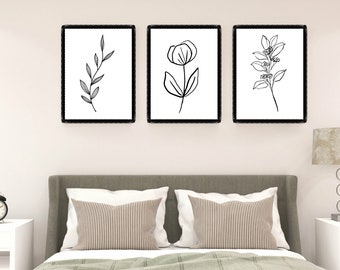 Arte de pared floral Arte de pared de flores Arte de pared minimalista Arte digital imprimible Decoración de pared Decoración para el hogar, Descarga de arte de pared digital Juego de 3