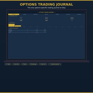 May include: A digital options trading journal displayed on a screen with a dark blue background and yellow text. The interface features a dashboard with performance statistics, monthly profit and loss charts, and a strategy breakdown section.