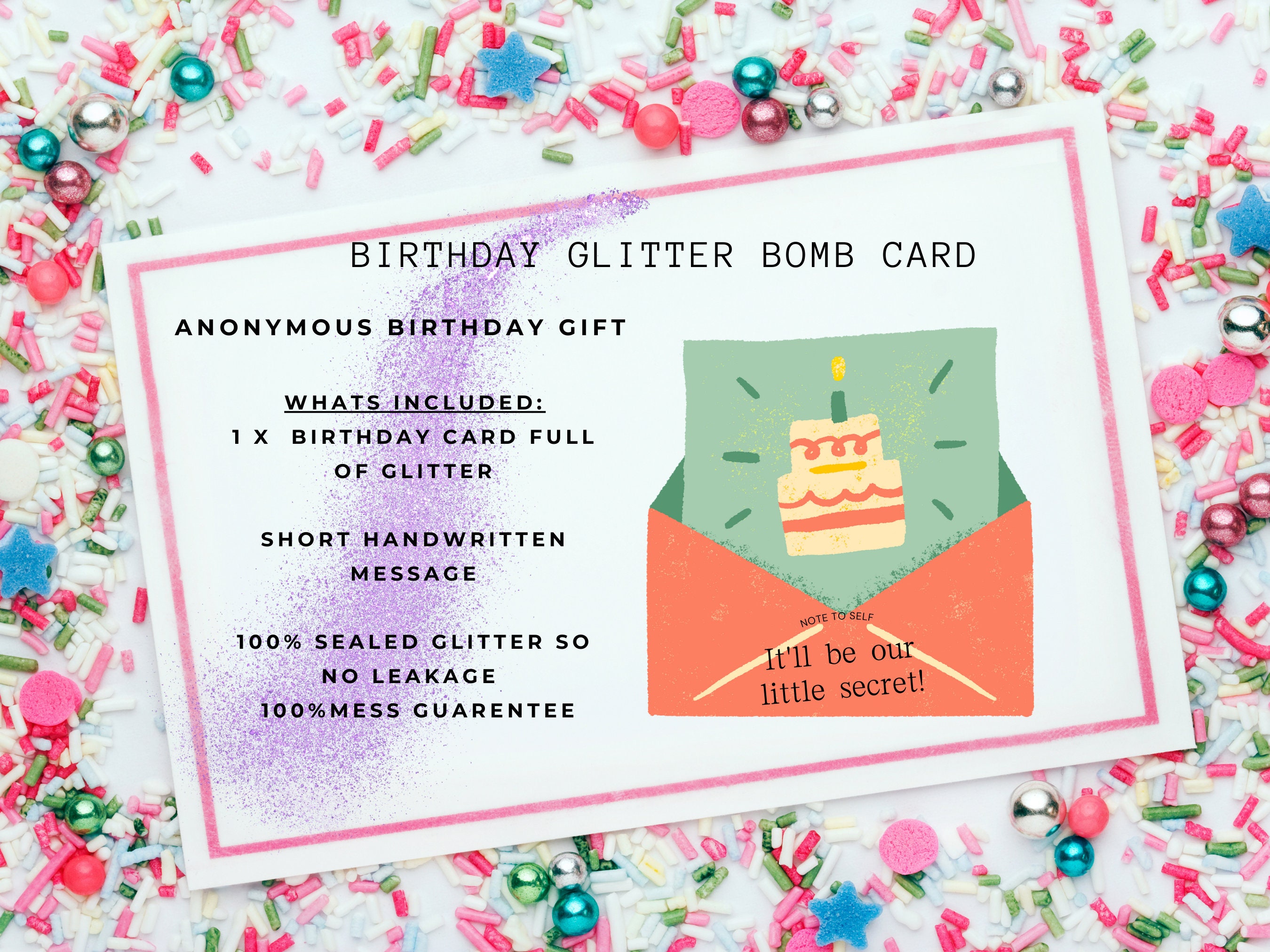STANDARD Glitter Bomb Birthday Card, Anonymous Prank Birthday Card