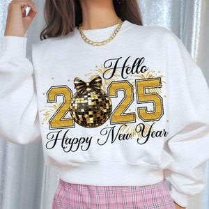 Happy New Year 2025 Png, Trendy New Years Eve Png, Black And Gold Sequins Glitter Faux Sparkly New Year Shirt Design Png, Hello 2025 Png