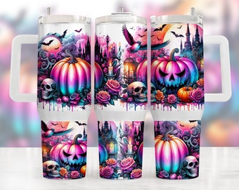 Halloween Seamless 40oz Tumbler Wrap Design, crânios pastel abóboras rosas 40 onças stanley cup sublimação png, temporada assustadora lidar com copo