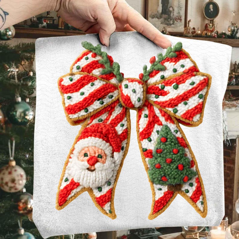 Pode incluir: Uma almofada de Natal branca com um grande la&ccedil;o decorativo. O la&ccedil;o &eacute; listrado em vermelho e branco com um rosto de Papai Noel e uma &aacute;rvore de Natal verde. O la&ccedil;o &eacute; aparado em marrom e tem detalhes verdes.
