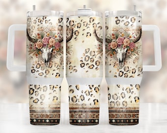 Boho Cow Skull Aztec Tumbler Wrap 40 Oz Quencher Tumbler PNG ...