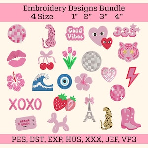 Peut inclure: Ensemble de broderies roses comprenant une boule disco, des lèvres, des cerises, une vague et une tête de tigre. Les motifs sont disponibles en 4 tailles, de 2,5 à 10 cm. Le texte "Embroidery Designs Bundle" et "Good Vibes" sont également inclus.