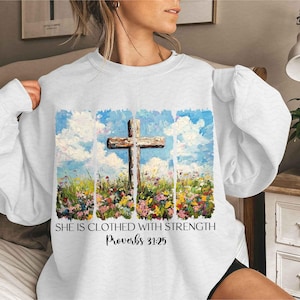She is Clothed with Strength PNG, Wildflower Christian Png, Bible Verse Png, Brushstroke Png, Christian Boho Png, Jesus, Faith, God, Mama