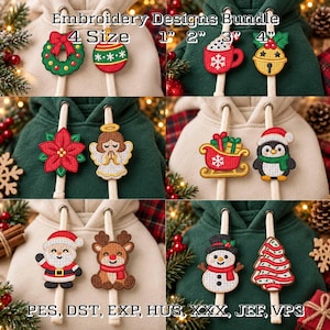 May include: An embroidery designs bundle featuring twelve Christmas-themed patches including a wreath, ornament, cocoa mug, bell, poinsettia, angel, sleigh, penguin, Santa, reindeer, snowman, and tree, available in 2.5, 5, 7.5, and 10 cm sizes.