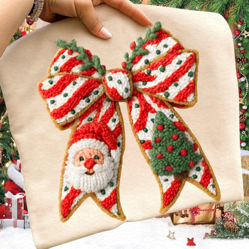 Pode incluir: Decora&ccedil;&atilde;o festiva de la&ccedil;o de Natal com sec&ccedil;&otilde;es listradas em vermelho e branco, detalhes verdes e um rosto de Papai Noel em uma extremidade. Uma &aacute;rvore de Natal verde est&aacute; na outra extremidade. O la&ccedil;o &eacute; feito de um material texturizado.