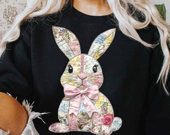 Easter Bunny Patchwork Floral Png, Faux Embroidery Girly Png, Vintage Happy Easter Png, Retro Bunny Png, Easter Holiday Sublimation Designs
