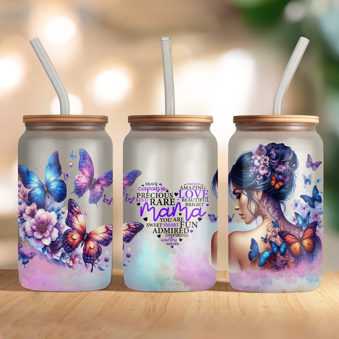 Butterfly Mama Libbey Glass Can Wrap PNG - Flower Mom Butterfly Glass ...
