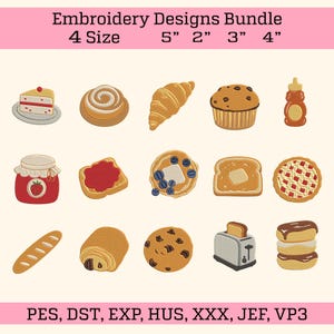 Puede incluir: Un conjunto de diseños de bordado con varios alimentos, como una porción de pastel, un rollo de canela, un cruasán, una magdalena y un frasco de miel. Los diseños están disponibles en 4 tamaños, de 5 cm a 12,7 cm.