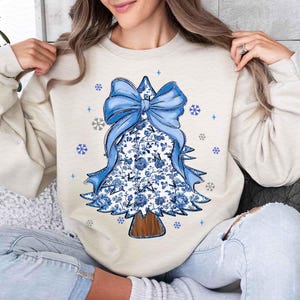 Coquette Glitter Chinoiserie Christmas Tree Png, Coquette Blue Christmas Png, Christmas Toile Png, Blue Floral Bow, Preppy Christmas Png