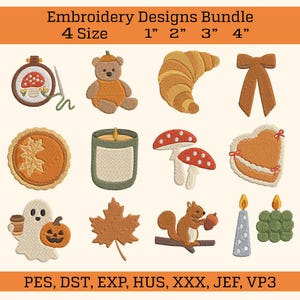 Cozy Fall Embroidery Bundle, Autumn Cottagecore Embroidery Designs, Pumpkin Ghost Squirrel Hedgehog Mouse, Halloween Mini Embroidery Files