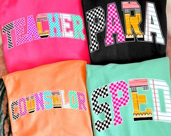 Retro School Occupation PNG Bundle, Back to School Teacher Sped Para Counselor, Preppy First Day of School Checkered Girly Png, Drawn