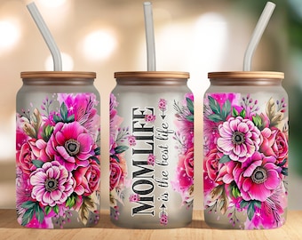 Mother's Day Mama Flower Glass Cup, Mom Life Flower Libbey Glass Wrap PNG, Best Mom Ever Tumbler Sublimation Design PNG, Digital Download