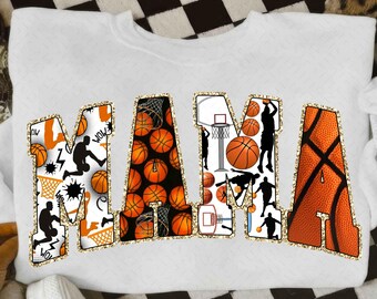 Basketball Mama PNG, Patchwork Sublimation Design, Checkerboard and Sports Print Letters, Trendy Game Day Mom Shirt PNG, Athletic Style PNG