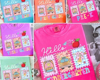 Preppy Back to School PNG-bundel, Hallo kleuterschool Pre-K 1e 2d 3d 4e 5e leerjaar png, Coquette eerste dag handgetekende leraar meisje