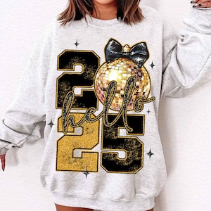 Happy New Year 2025 Png, Trendy New Years Eve Png, Black And Gold Sequins Glitter Faux Sparkly New Year Shirt Design Png, Hello 2025 Png