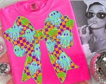 Halloween Neon Ghost Coquette Png, Girly Pastel Halloween Pumpkin Png, Cute Pink Ghost Bow Sublimation, Checkered Spooky Season Png