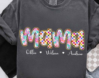 Preppy Mama Floral Glitter Png, Retro Boho Floral Mama with kids names Png, Everyday Png, Custom Preppy Mama Design, Checkered Sublimation
