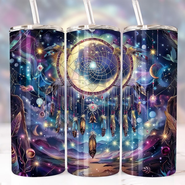 Boho Celestial Dreamcatcher Design, 20oz Skinny Tumbler Sublimation, Digital Download, Stars and Moon Night Sky, 300dpi Printable Wrap