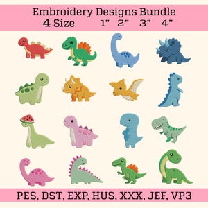 May include: Embroidery Designs Bundle featuring sixteen colorful dinosaur illustrations in four sizes: 1 inch, 2 inches, 3 inches, and 4 inches. The digital file formats listed are PES, DST, EXP, HUS, XXX, JEF, and VP3. Each dinosaur has a unique pose.