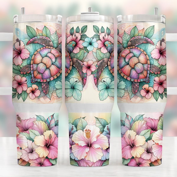 40oz Pastel Sea Turtle Tumbler Wrap Design, 40 ounce stanley quencher sublimation template, 40 oz summer line art tropic hibiscus waterslide