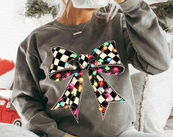 Coquette Christmas Shirt Sublimation Christmas Lights Bow PNG Merry Christmas Sweatshirt Digital Print PNG Checkered Christmas Coquette PNG