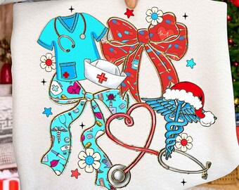 Christmas Nurse Coquette Png, Preppy Nurse Christmas Shirt Design, School Nurse Stethoscope Bow Png, RN - CNA - NICU - Er - School Nurse Png