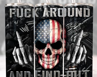 American Skull Flag 20 oz Skinny Tumbler Seamless Wrap Sublimation, F Around and Find Out, 2nd Amendment Patriotic, Digital Download PNG