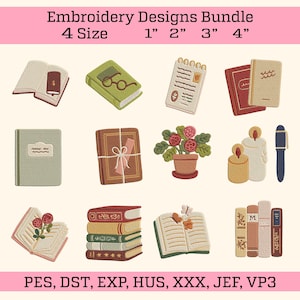 Puede incluir: Un paquete de diseños de bordado con doce iconos que incluyen libros abiertos y cerrados, un cuaderno, una planta en maceta con flores rojas, dos velas y un bolígrafo. El texto dice Embroidery Designs Bundle 4 Size 1" 2" 3" 4" y PES, DST, EXP, HUS, XXX, JEF, VP3.