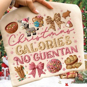 May include: A festive Christmas-themed illustration with the text "Christmas Calories Don't Count". The design features a donkey in a Santa hat, gingerbread cookies, and other holiday treats, all in a whimsical style.