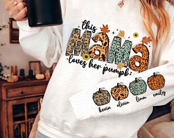 Personalized this mama loves her pumpkins png sublimation design download, Fall png, Mother's Day png, mama with kids names png, download