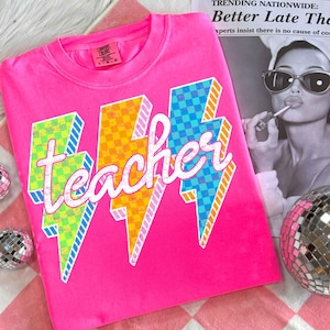 Lightning Bolt Teacher Png, Back To School Png, Neon Teacher Shirt Png, Retro Teacher Png, Checkered Teacher Png, Teacher DTF