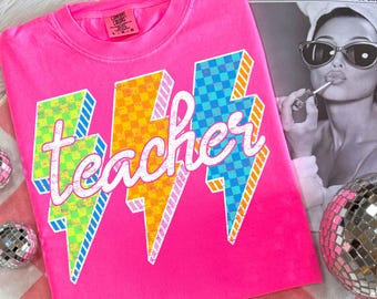 Lightning Bolt Teacher Png, Back To School Png, Neon Teacher Shirt Png, Retro Teacher Png, Checkered Teacher Png, Teacher DTF