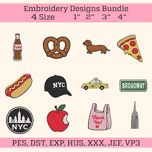 May include: Embroidery designs bundle featuring 12 New York City themed icons including a soda bottle, pretzel, dachshund, pizza slice, hot dog, NYC cap, taxi, Broadway sign, NYC skyline emblem, apple, Thank You bag, and skyscraper in 1, 2, 3, 4 inch sizes.