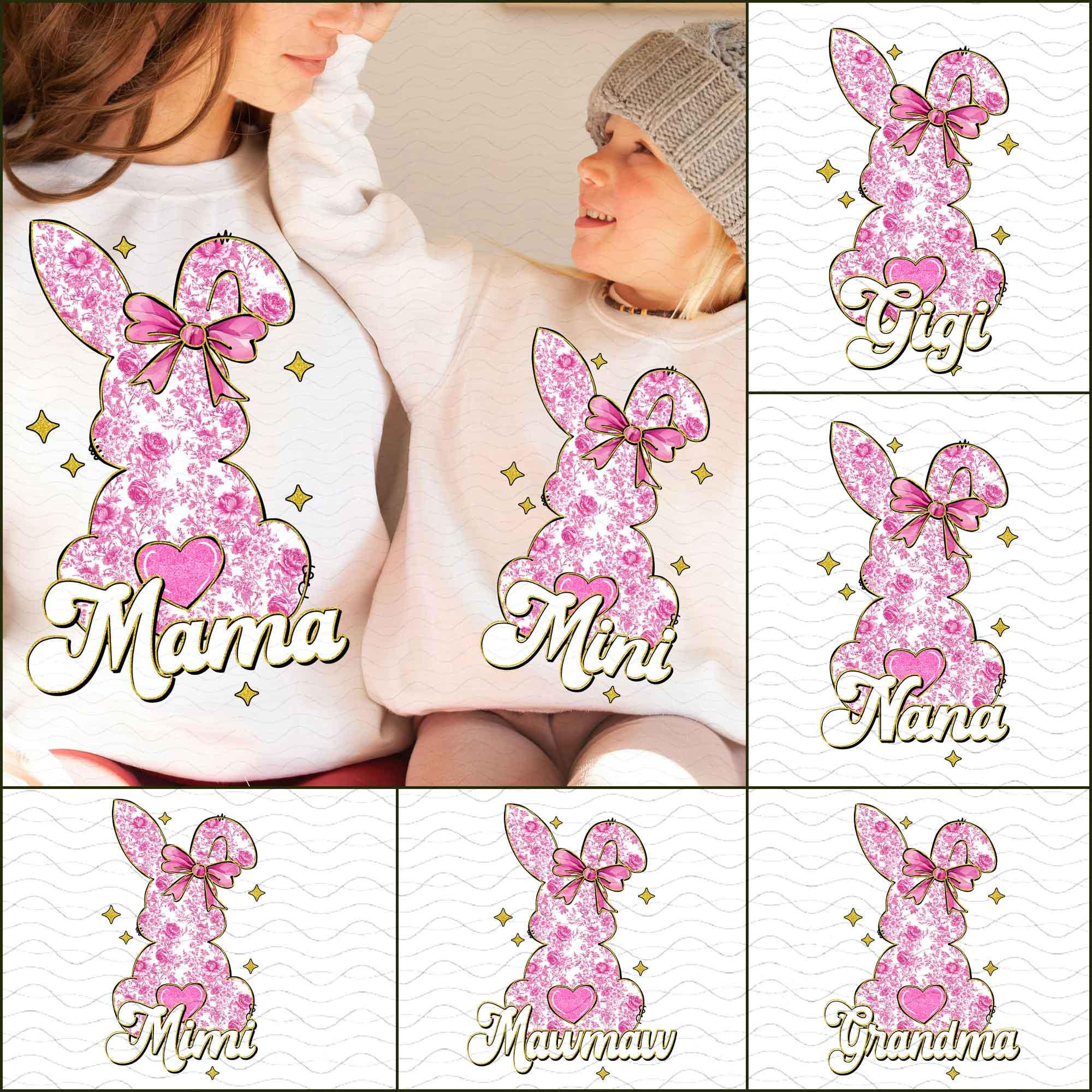 Coquette Easter Mama Bundle Png, Easter PNG, Mama Mini Easter png, Girl Easter Png Pink Floral Chinoiserie Bunny Png Toile Easter Rabbit Png